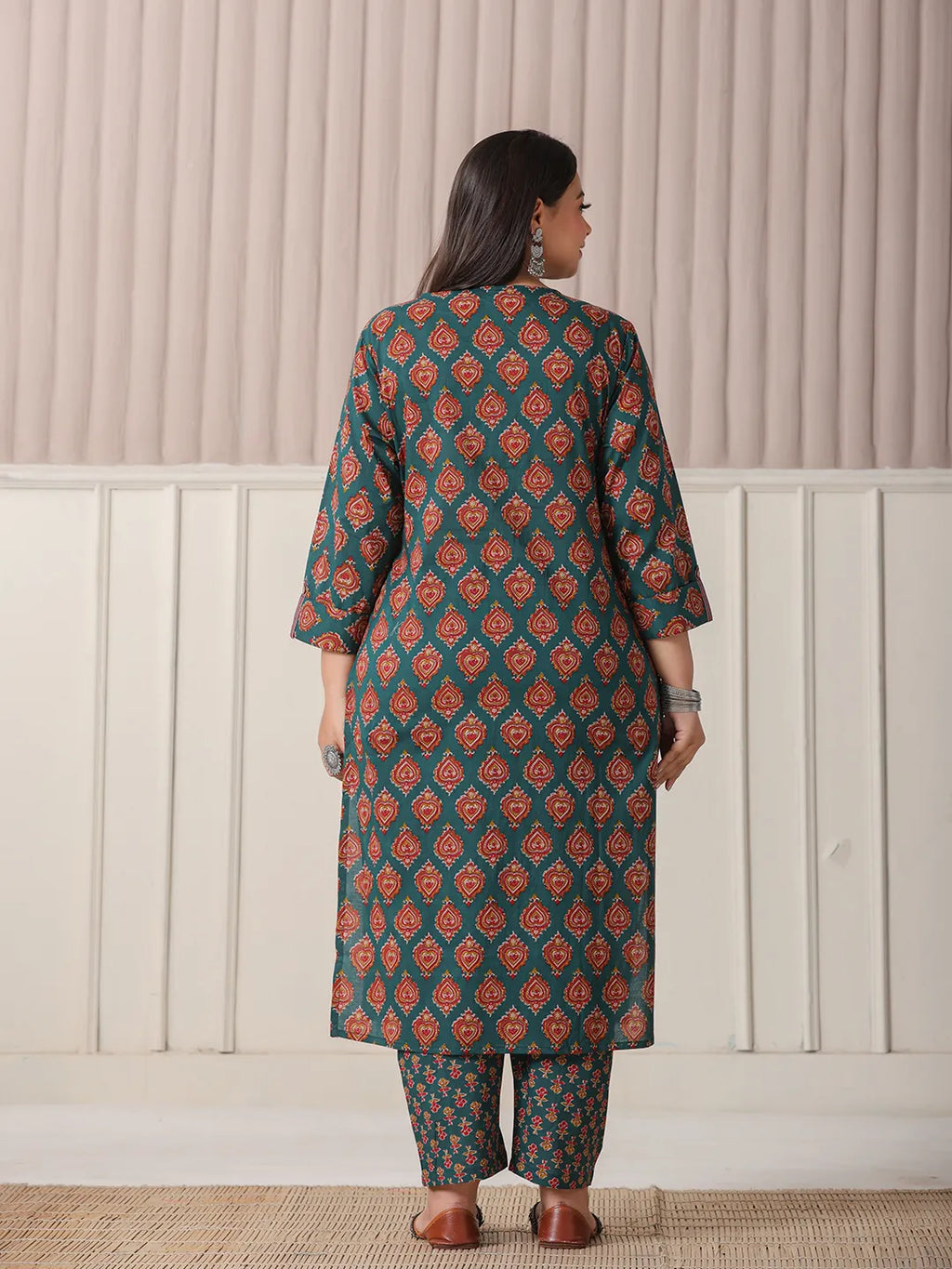 Yufta Teal Green Pure Cotton Sequins-Cutdana Work Kurta Dupatta Pant Set | Grocsy