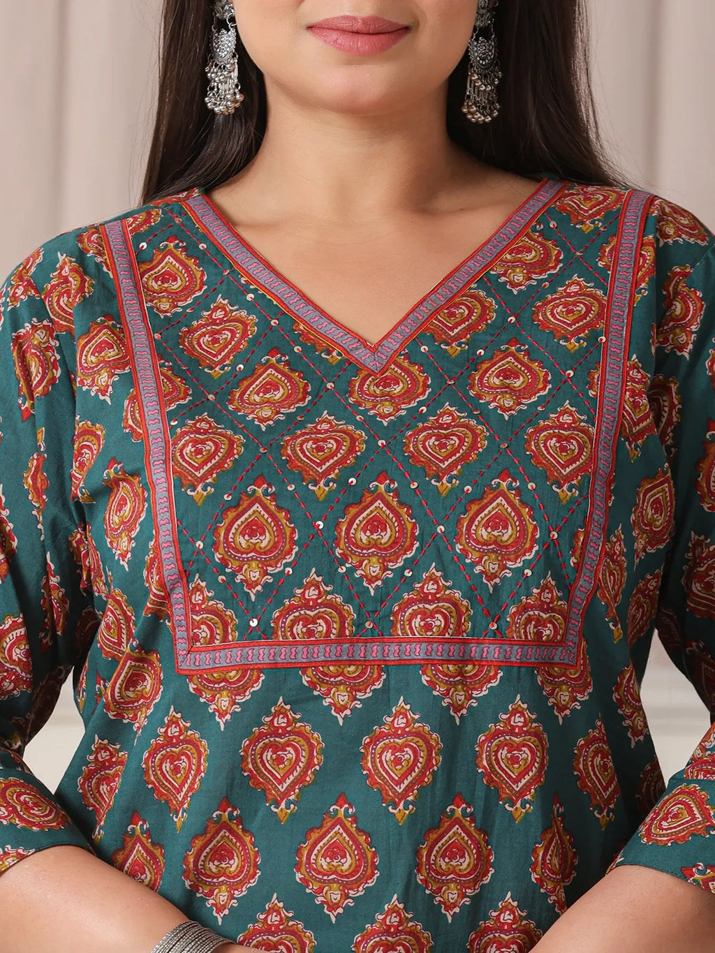 Yufta Teal Green Pure Cotton Sequins-Cutdana Work Kurta Dupatta Pant Set | Grocsy