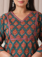 Yufta Teal Green Pure Cotton Sequins-Cutdana Work Kurta Dupatta Pant Set | Grocsy