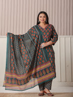 Yufta Teal Green Pure Cotton Sequins-Cutdana Work Kurta Dupatta Pant Set | Grocsy