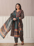 Yufta Teal Green Pure Cotton Sequins-Cutdana Work Kurta Dupatta Pant Set | Grocsy