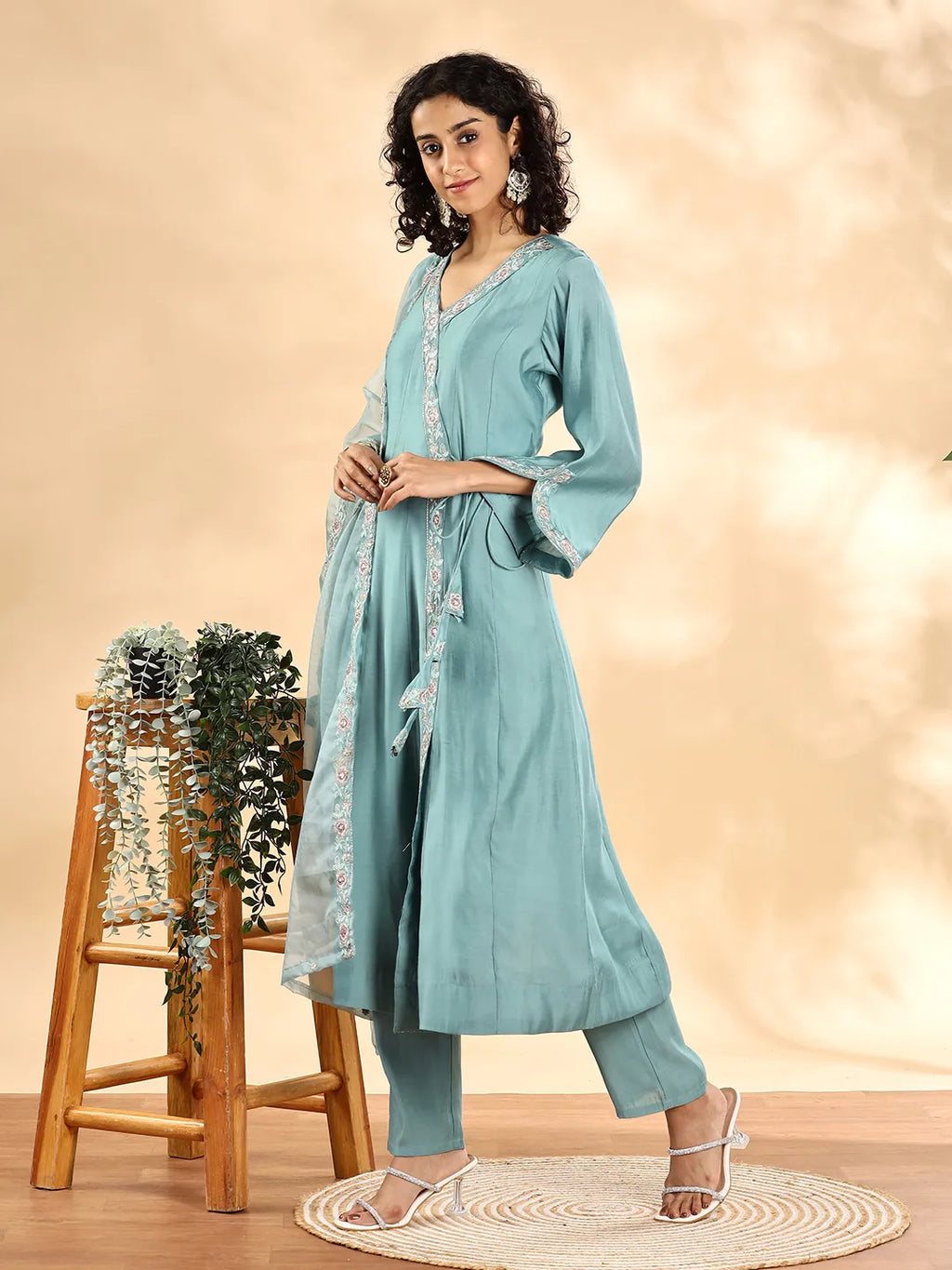 Yufta Teal Green Silk Embroidered Angrakha Kurta Pant Set With Organza Dupatta Set | Grocsy