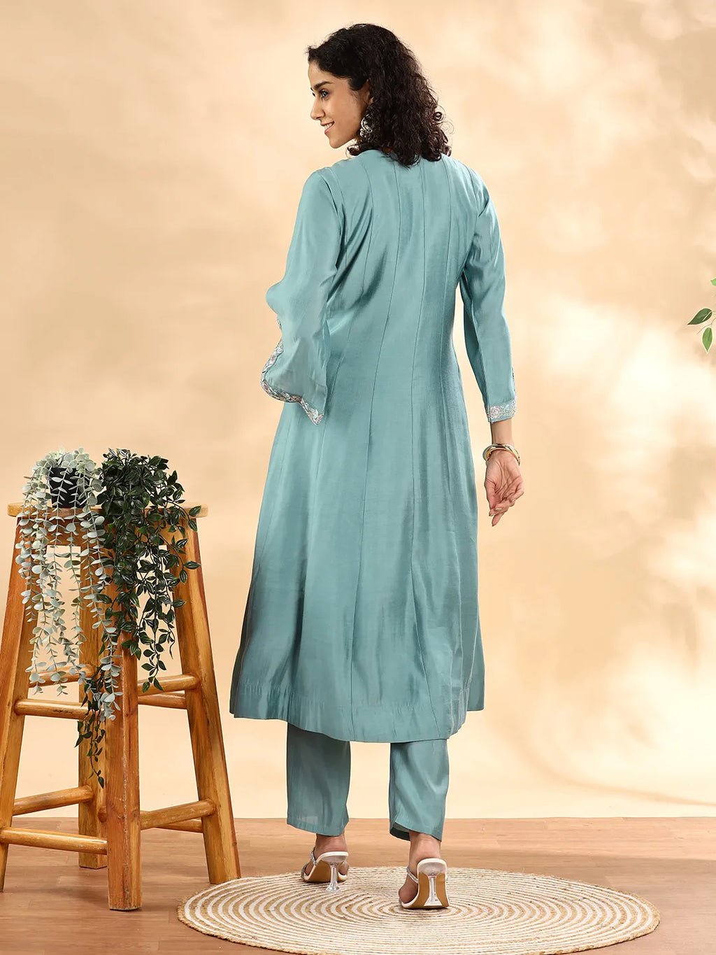 Yufta Teal Green Silk Embroidered Angrakha Kurta Pant Set With Organza Dupatta Set | Grocsy