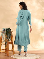 Yufta Teal Green Silk Embroidered Angrakha Kurta Pant Set With Organza Dupatta Set | Grocsy