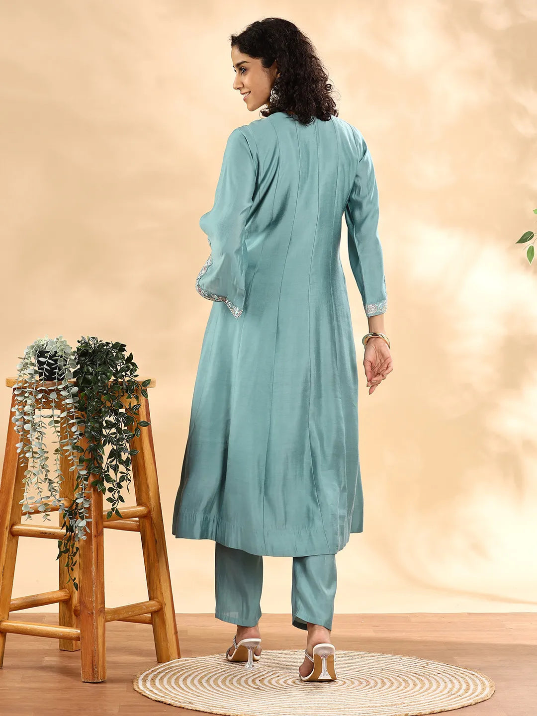 Yufta Teal Green Silk Embroidered Angrakha Kurta Pant Set With Organza Dupatta Set | Grocsy