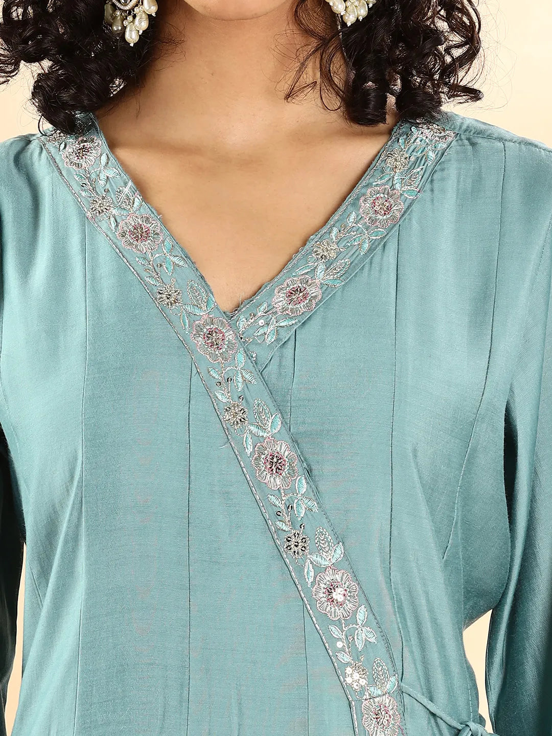 Yufta Teal Green Silk Embroidered Angrakha Kurta Pant Set With Organza Dupatta Set | Grocsy