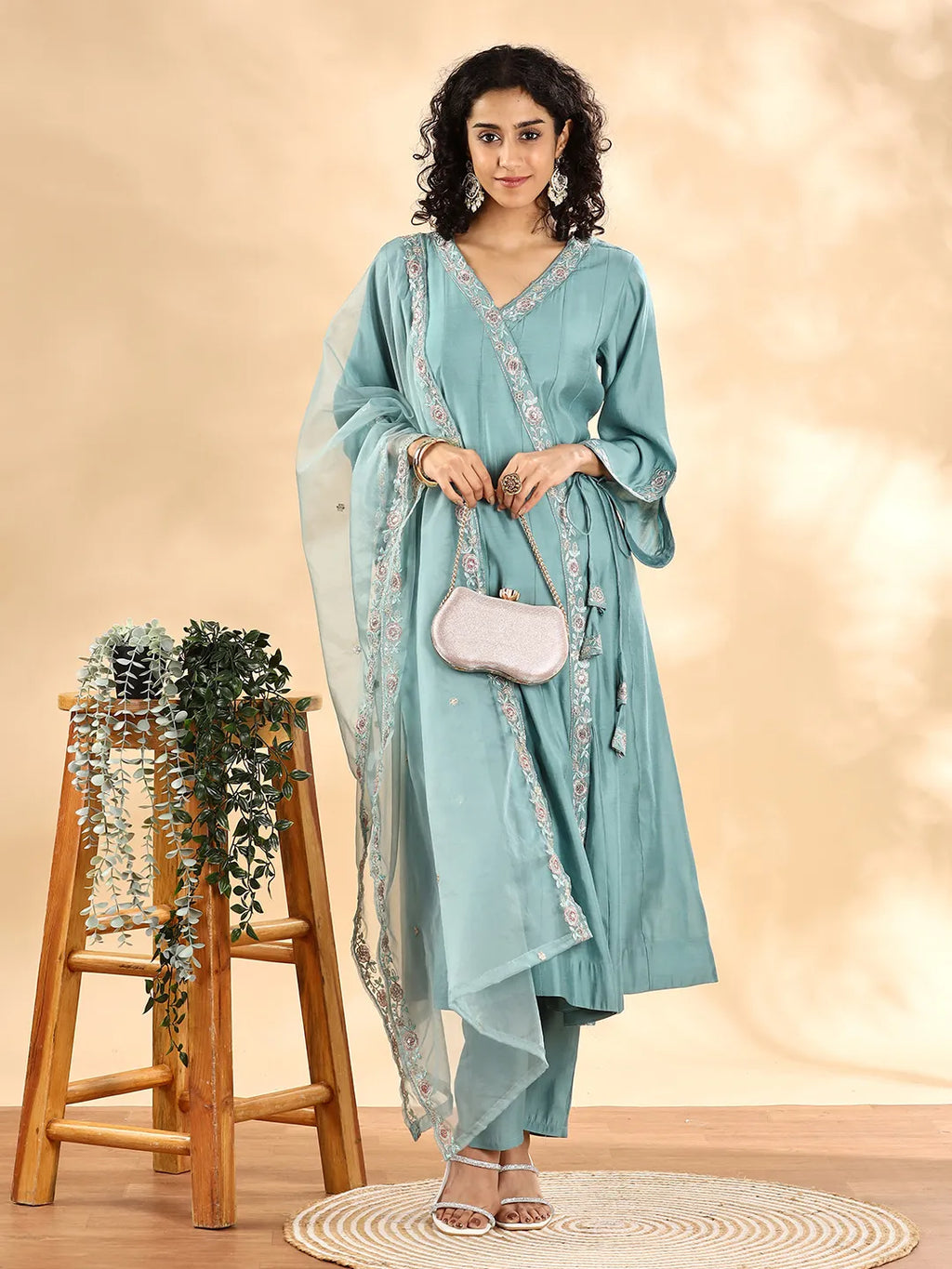 Yufta Teal Green Silk Embroidered Angrakha Kurta Pant Set With Organza Dupatta Set | Grocsy