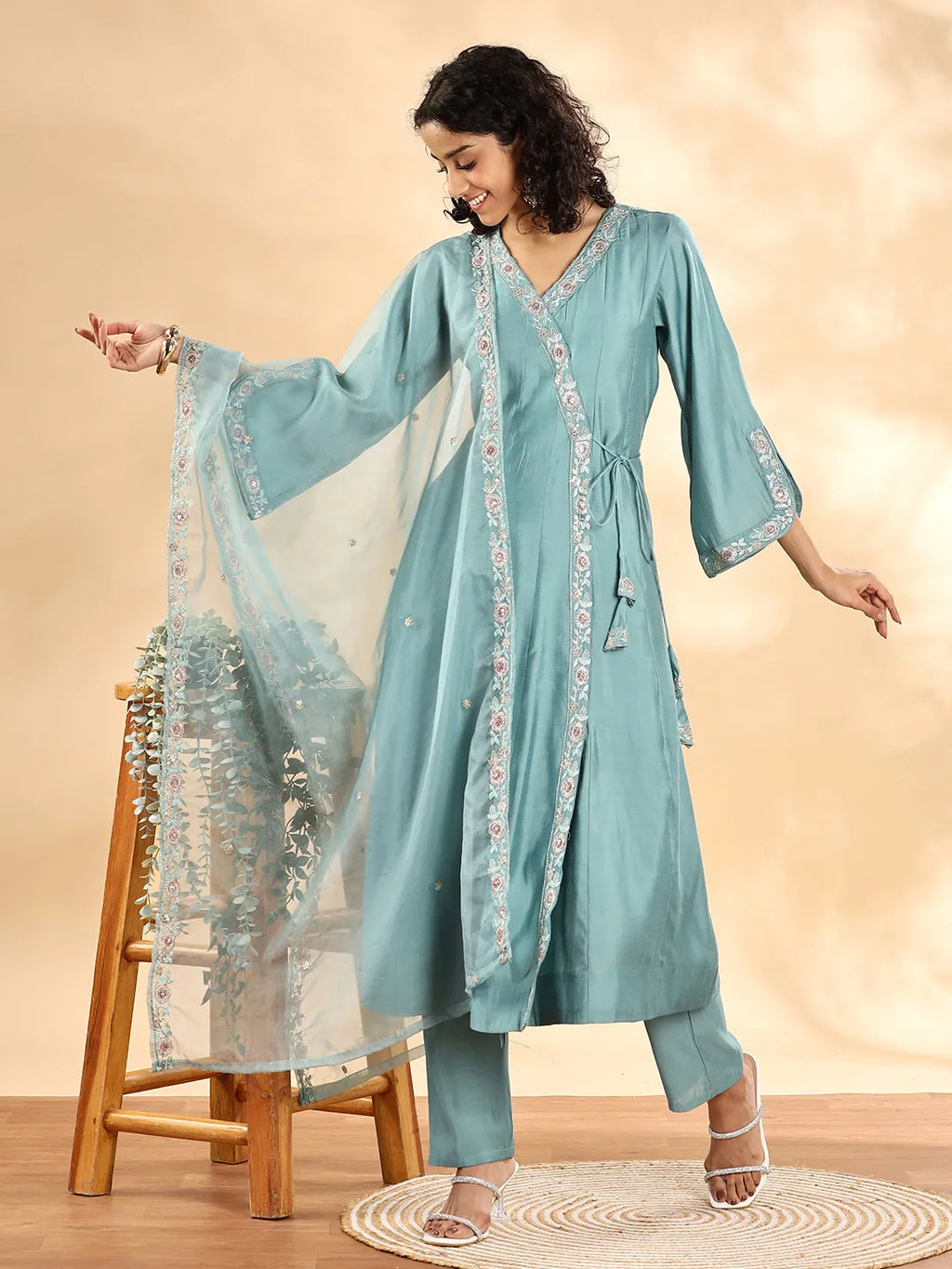Yufta Teal Green Silk Embroidered Angrakha Kurta Pant Set With Organza Dupatta Set | Grocsy
