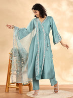 Yufta Teal Green Silk Embroidered Angrakha Kurta Pant Set With Organza Dupatta Set | Grocsy