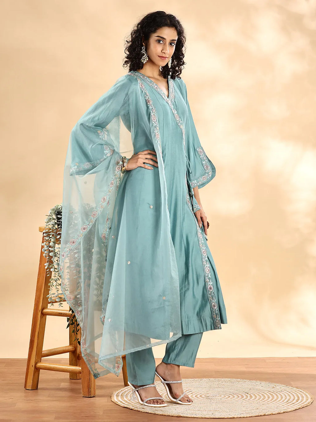 Yufta Teal Green Silk Embroidered Angrakha Kurta Pant Set With Organza Dupatta Set | Grocsy