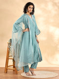Yufta Teal Green Silk Embroidered Angrakha Kurta Pant Set With Organza Dupatta Set | Grocsy