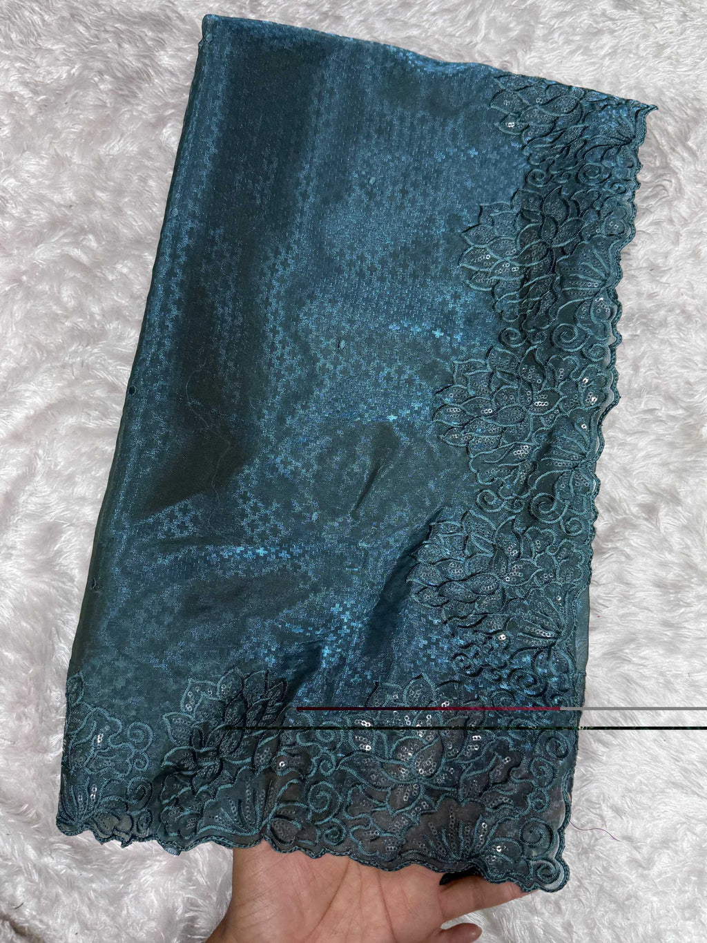 Evanik Teal Glass Satin Jecquard Weaving With Thread Sequence Work Saree With Blouse | Grocsy