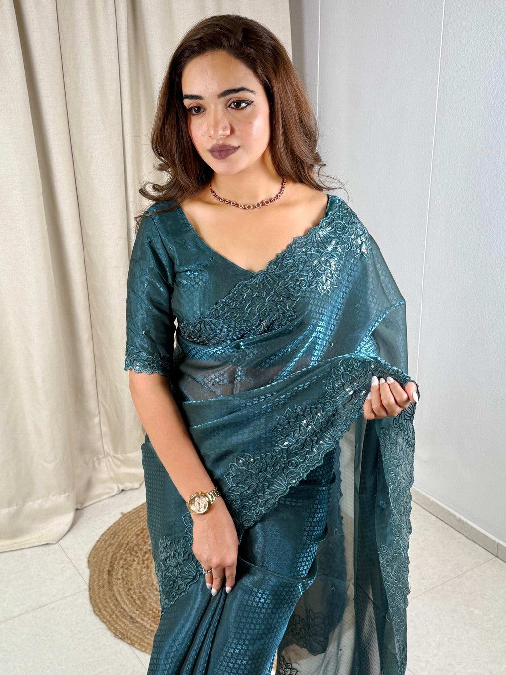 Evanik Teal Glass Satin Jecquard Weaving With Thread Sequence Work Saree With Blouse | Grocsy