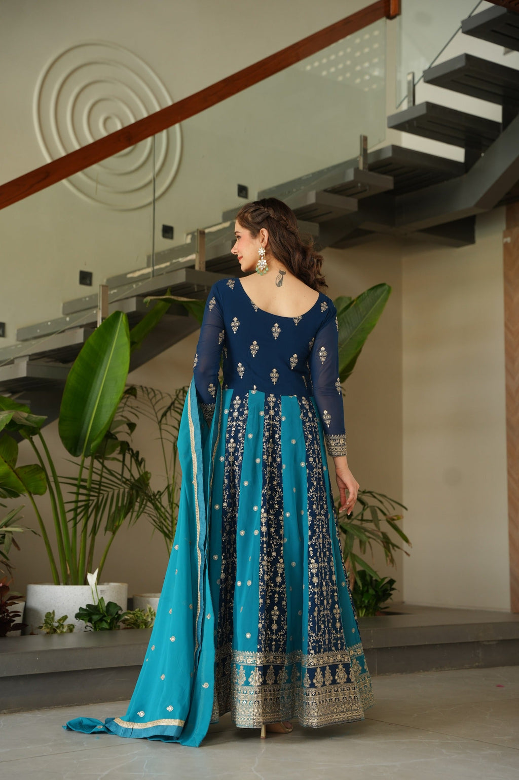 Evanik Teal Faux Georgette With Zari & Sequins Embroidered work Wedding Gown | Grocsy