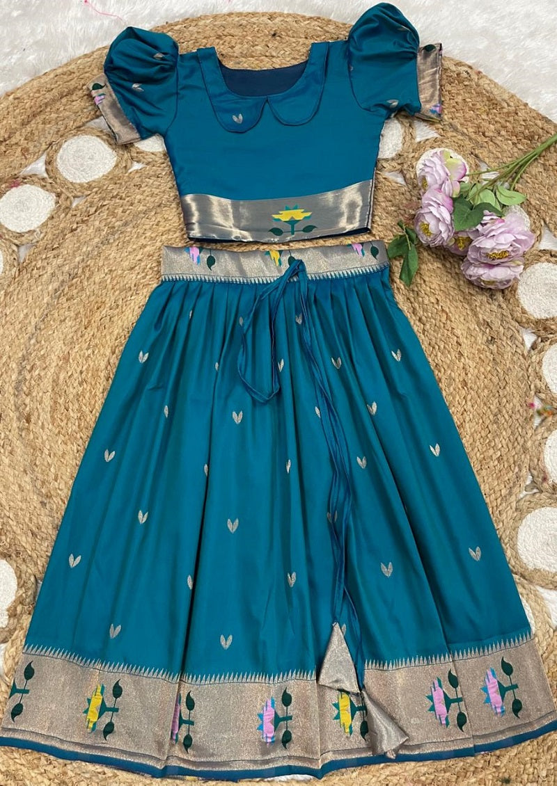 Evanik Blue Soft Silk Paithani Design Zari Weaving Pavadai Lehenga Choli For Kids | Grocsy