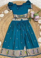 Evanik Blue Soft Silk Paithani Design Zari Weaving Pavadai Lehenga Choli For Kids | Grocsy