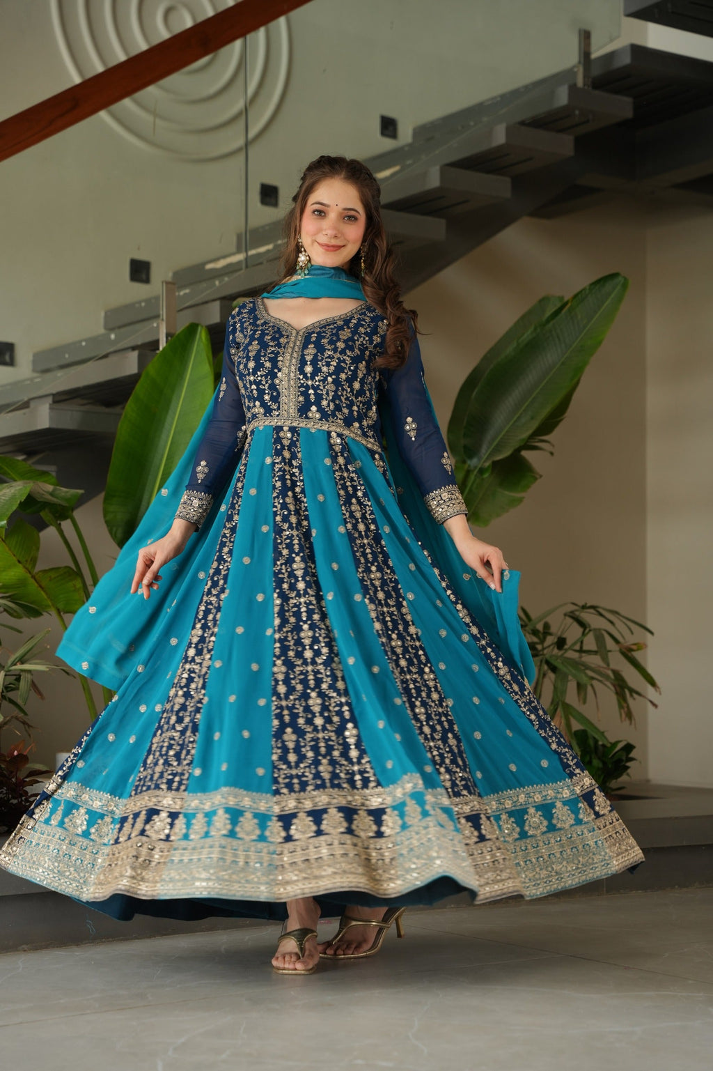Evanik Teal Faux Georgette With Zari & Sequins Embroidered work Wedding Gown | Grocsy