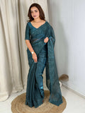 Evanik Teal Glass Satin Jecquard Weaving With Thread Sequence Work Saree With Blouse | Grocsy
