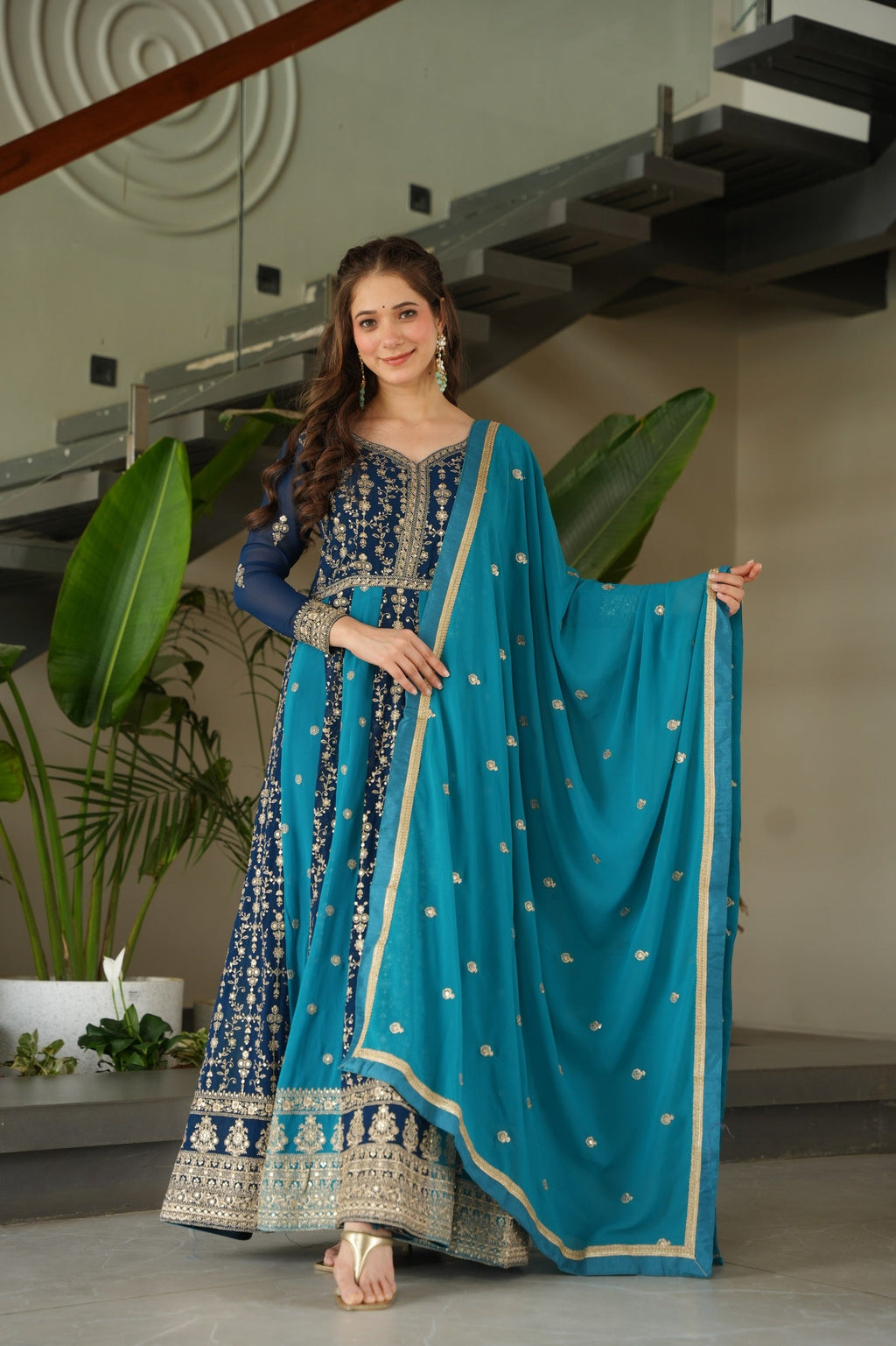 Evanik Teal Faux Georgette With Zari & Sequins Embroidered work Wedding Gown | Grocsy