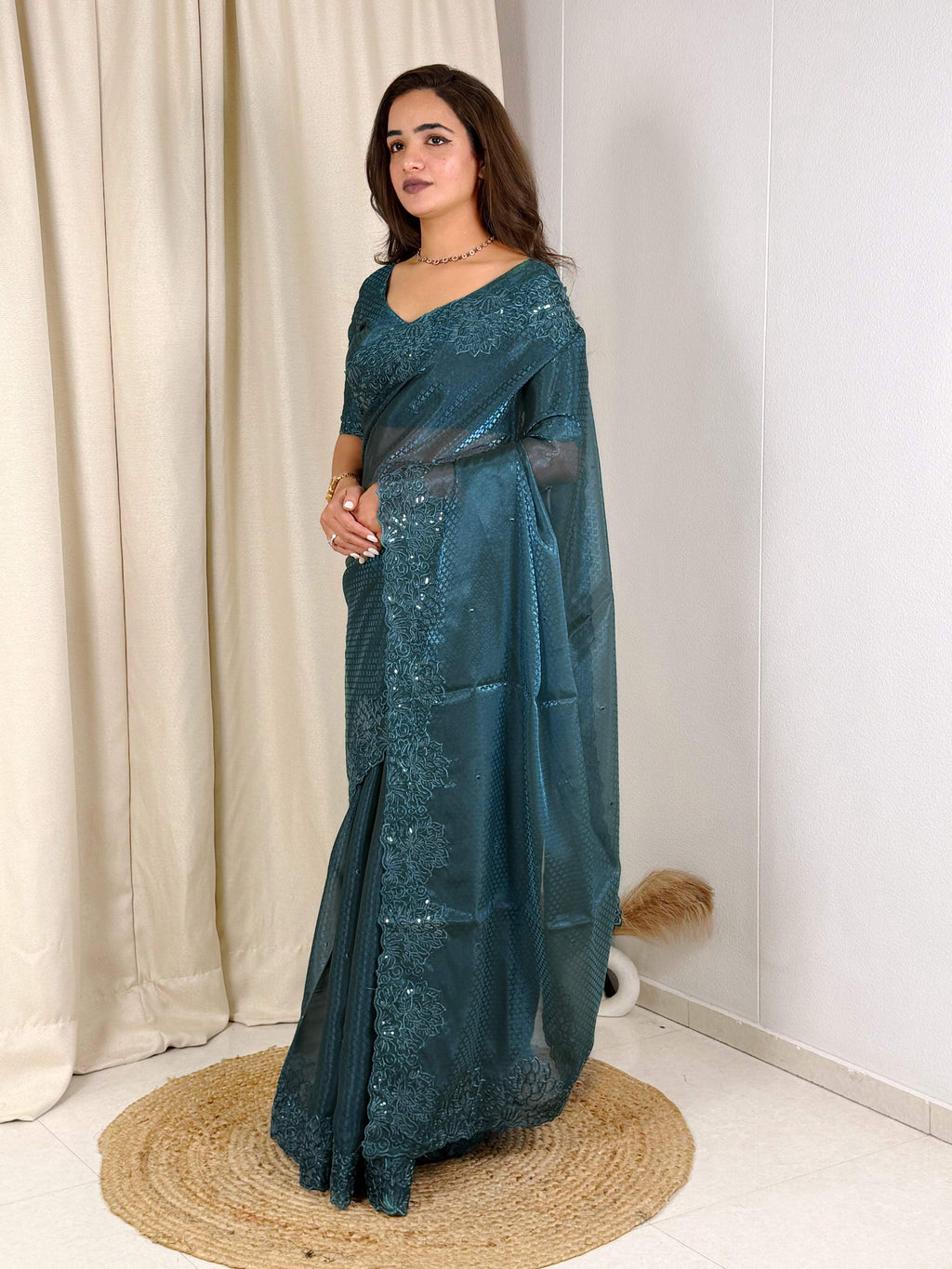 Evanik Teal Glass Satin Jecquard Weaving With Thread Sequence Work Saree With Blouse | Grocsy
