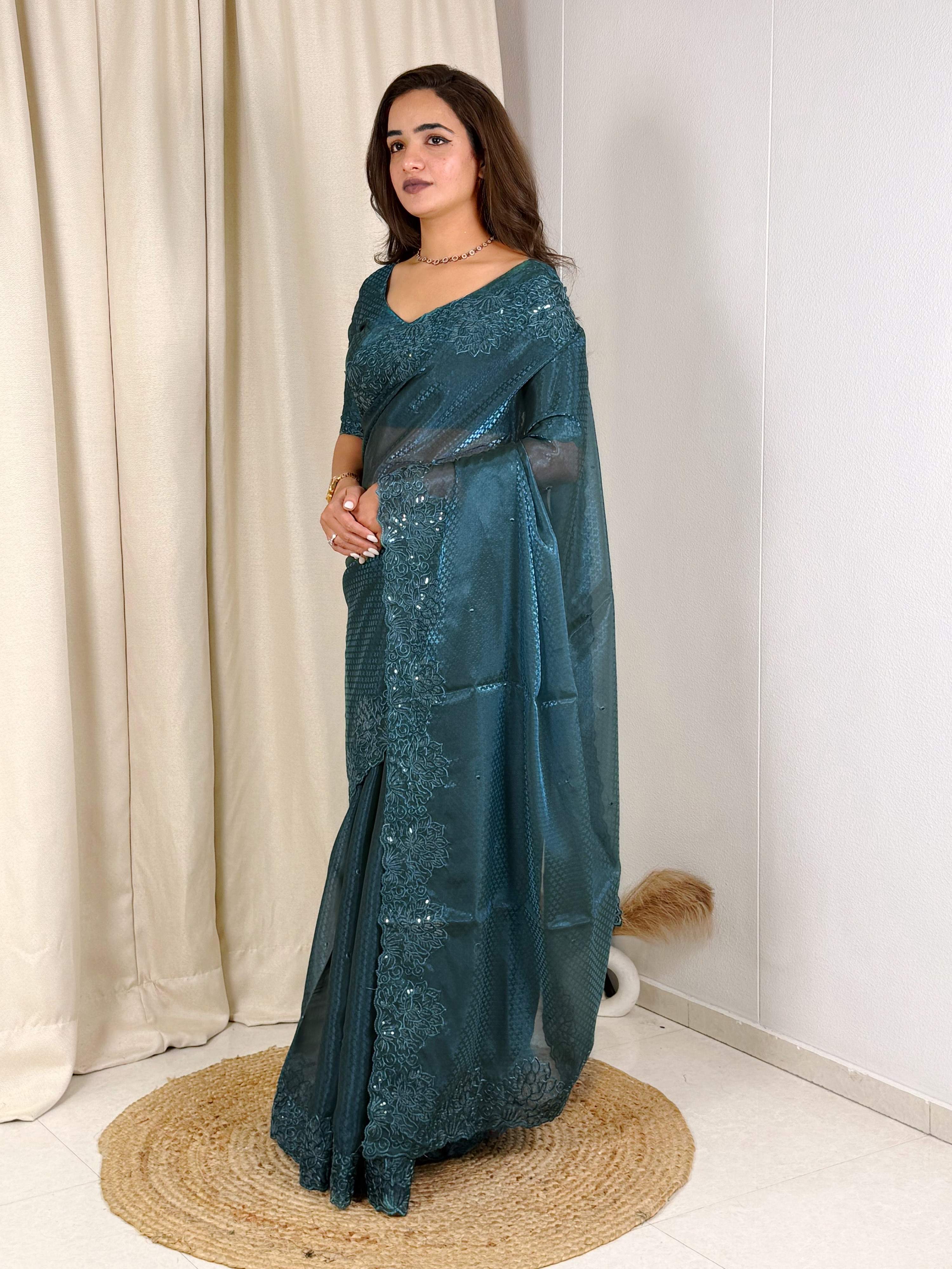 Evanik Teal Glass Satin Jecquard Weaving With Thread Sequence Work Saree With Blouse | Grocsy