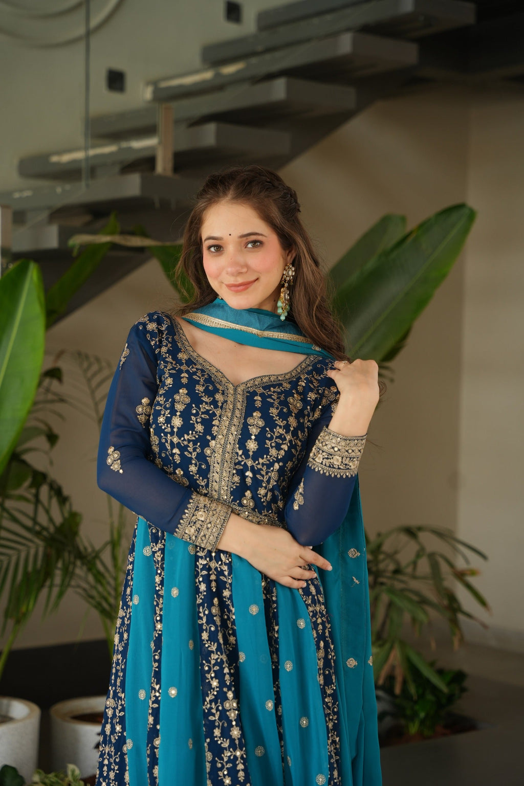 Evanik Teal Faux Georgette With Zari & Sequins Embroidered work Wedding Gown | Grocsy