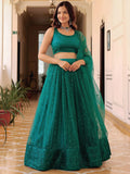 Tulsi Art Stunning Teal Green Soft Net Sequins Monochrome Lehenga Choli | Grocsy