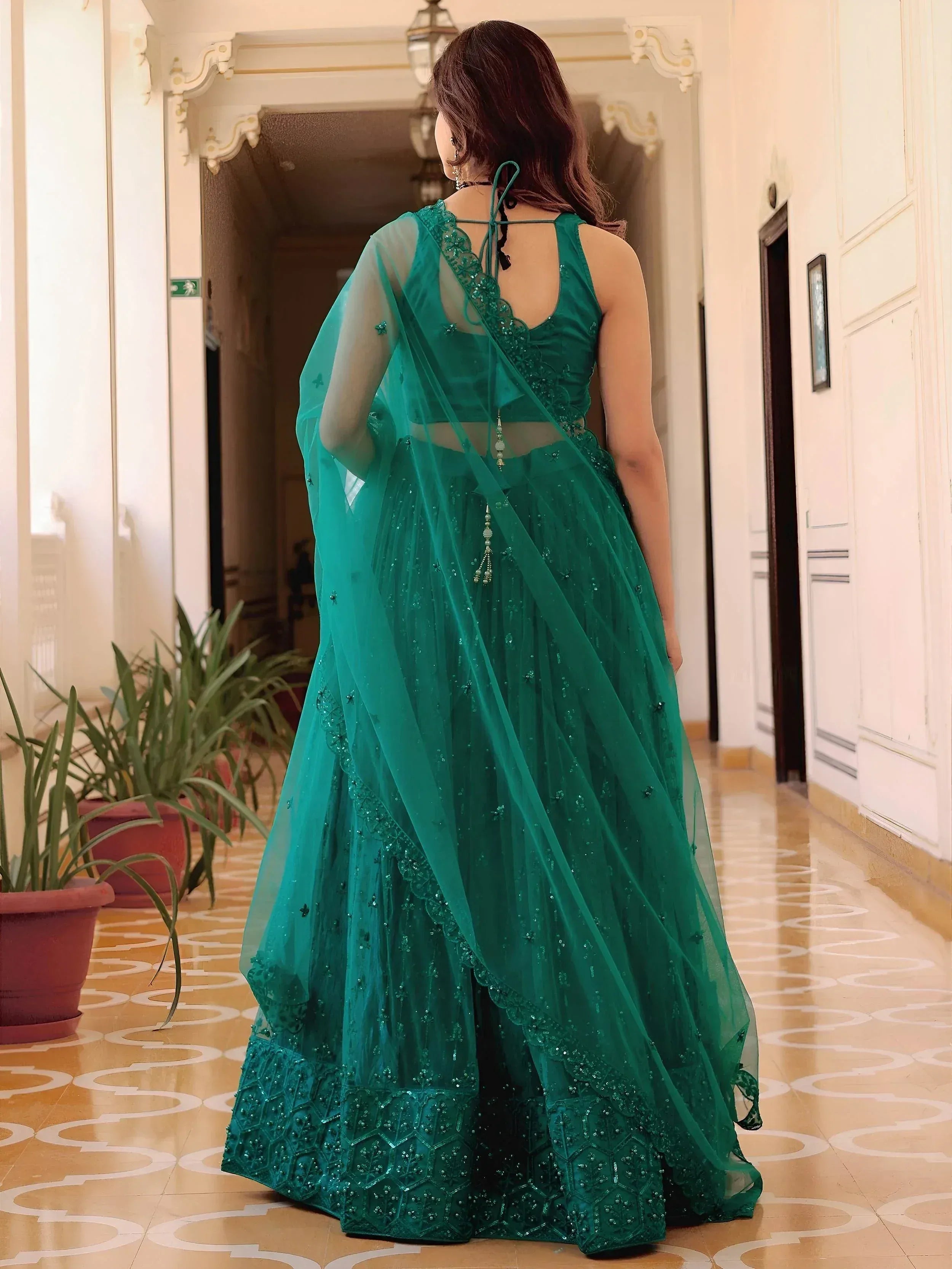 Tulsi Art Stunning Teal Green Soft Net Sequins Monochrome Lehenga Choli | Grocsy
