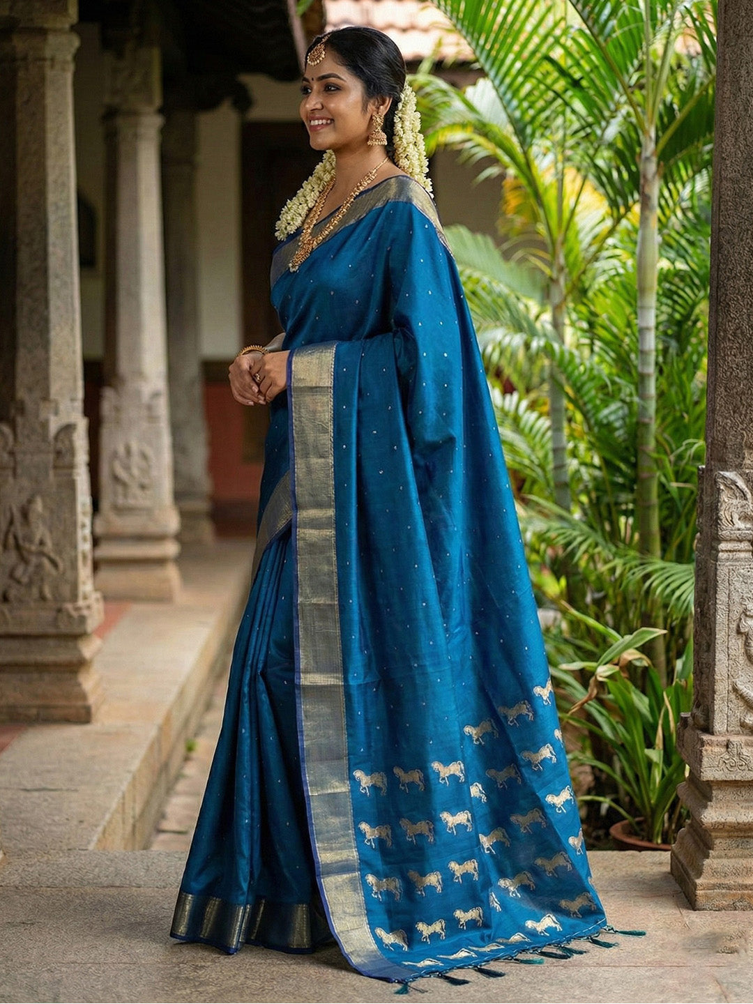 Anaita Teal Silk Saree With Blouse Piece | Grocsy