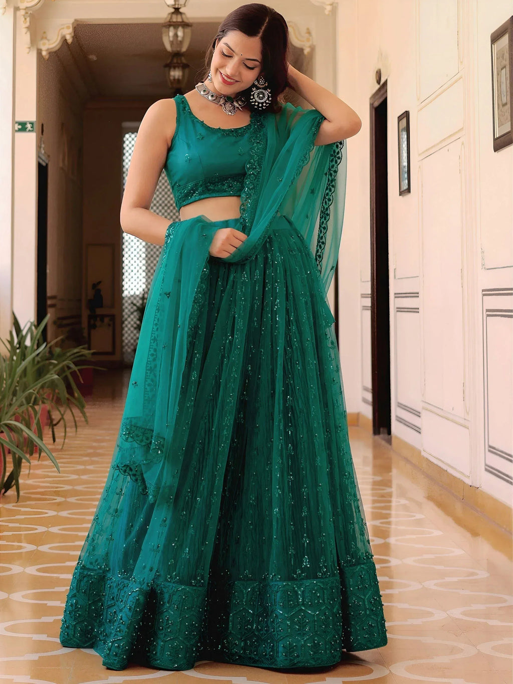 Tulsi Art Stunning Teal Green Soft Net Sequins Monochrome Lehenga Choli | Grocsy