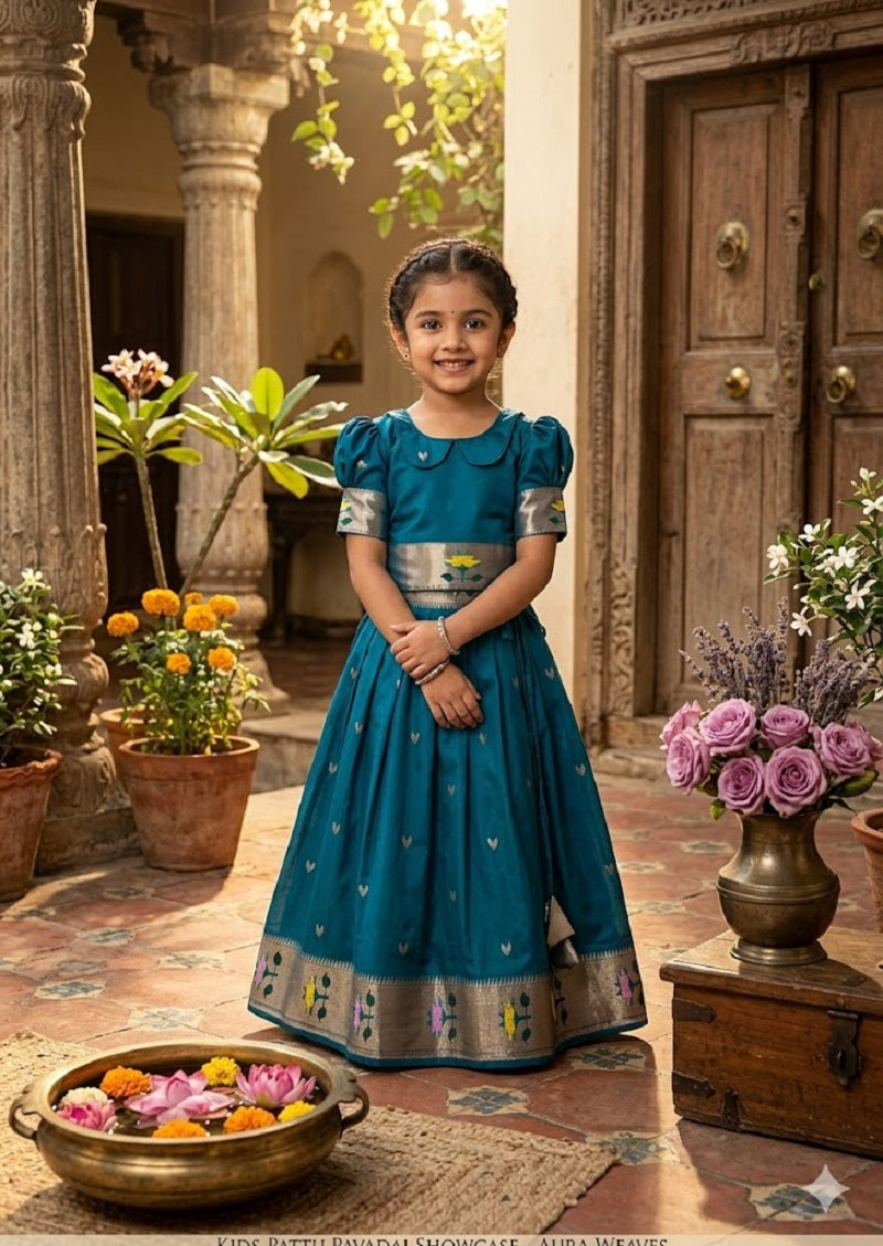 Evanik Blue Soft Silk Paithani Design Zari Weaving Pavadai Lehenga Choli For Kids | Grocsy