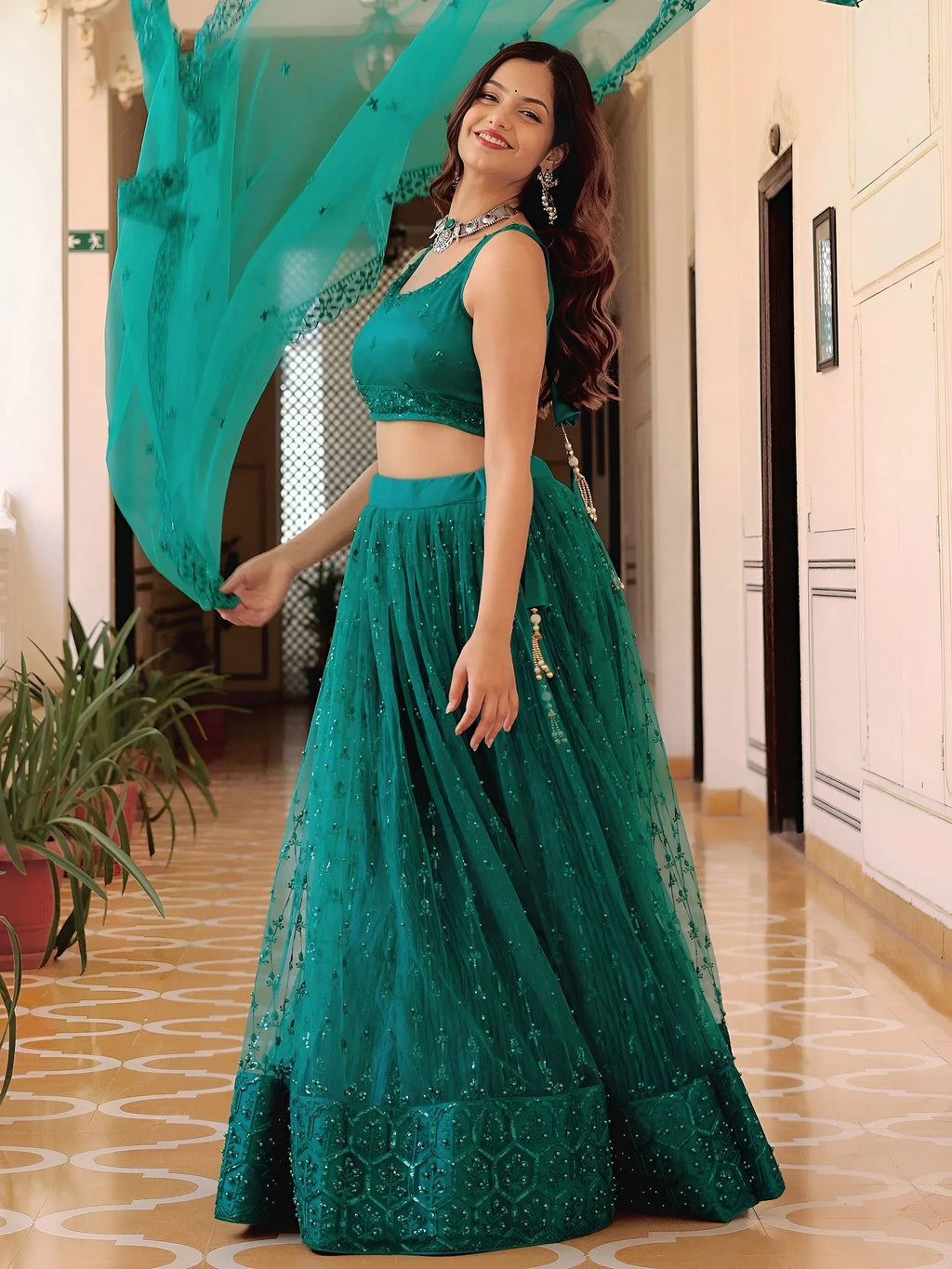 Tulsi Art Stunning Teal Green Soft Net Sequins Monochrome Lehenga Choli | Grocsy