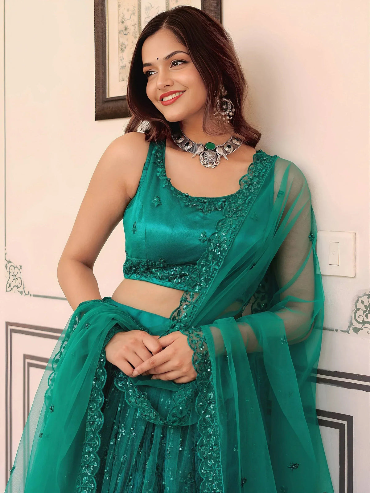 Tulsi Art Stunning Teal Green Soft Net Sequins Monochrome Lehenga Choli | Grocsy