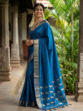 Anaita Teal Silk Saree With Blouse Piece | Grocsy
