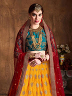 Tulsi Art Teal Green -Yellow Embroidery Banarasi Silk Bridal Lehenga Choli With Maroon Dupatta | Grocsy