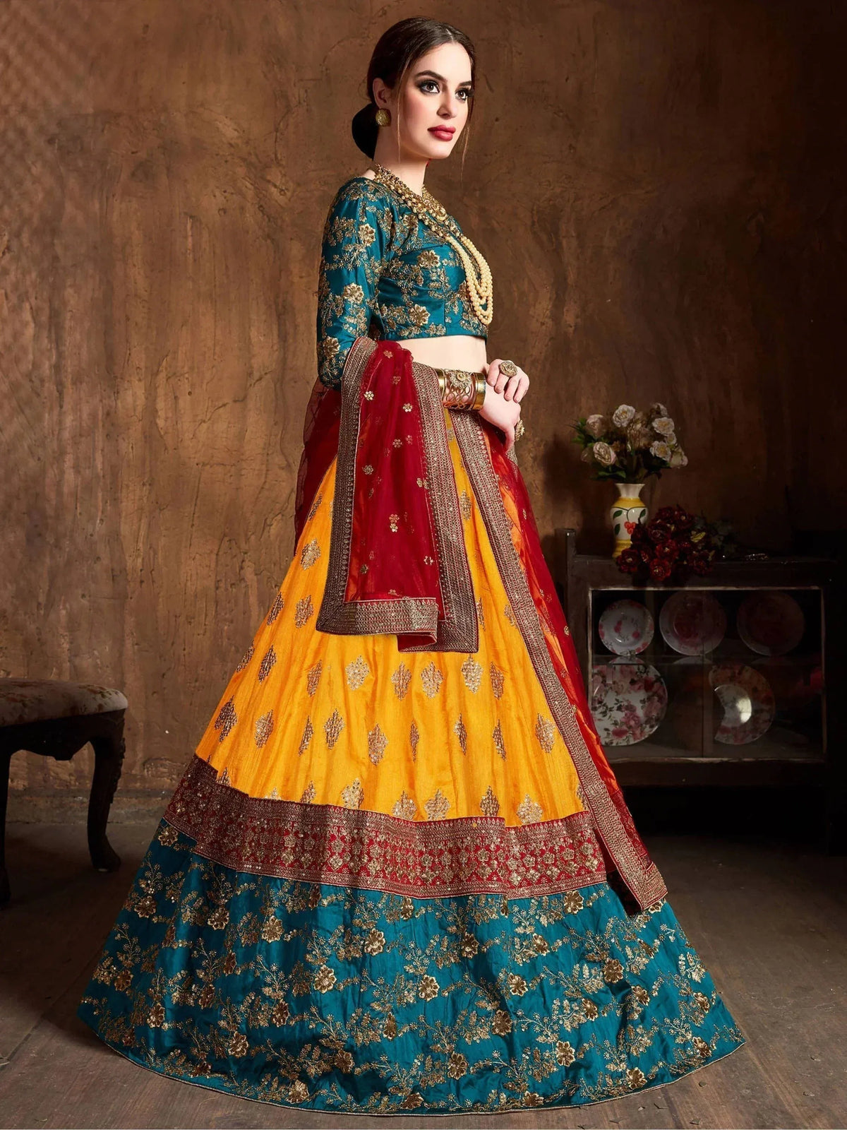 Tulsi Art Teal Green -Yellow Embroidery Banarasi Silk Bridal Lehenga Choli With Maroon Dupatta | Grocsy