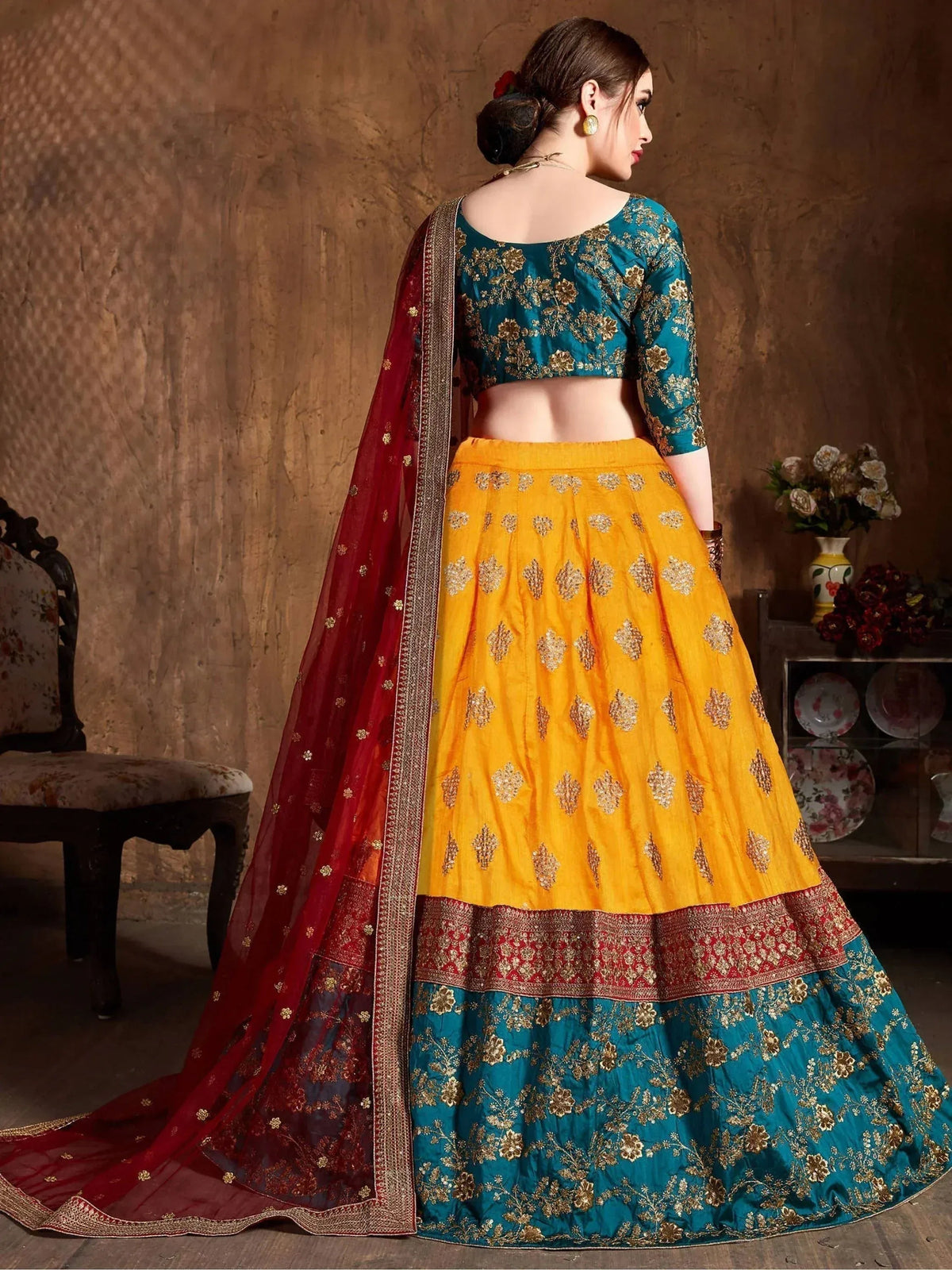 Tulsi Art Teal Green -Yellow Embroidery Banarasi Silk Bridal Lehenga Choli With Maroon Dupatta | Grocsy