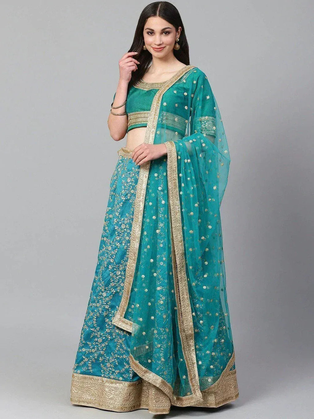 Tulsi Art Turquoise Blue Semi-Stitched Myntra Wedding Wear Lehenga & Unstitched Blouse With Dupatta | Grocsy