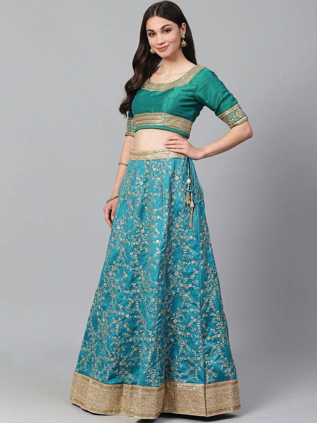 Tulsi Art Turquoise Blue Semi-Stitched Myntra Wedding Wear Lehenga & Unstitched Blouse With Dupatta | Grocsy