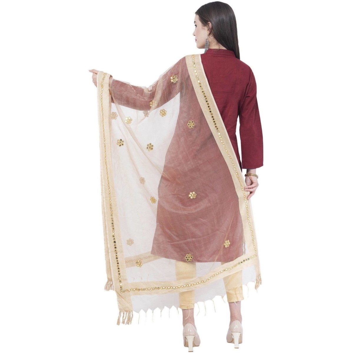 A R Silk Light Golden Color Flower Mirror Orgenza Cotton Dupattas and Chunnis | Grocsy