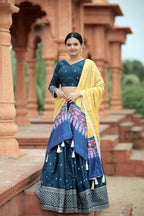 Vastranavya Navaratri Collection Myra Silk Lehenga & Blouse With Maslin Crochet Printed Dupatta Set - Turquoise | Grocsy