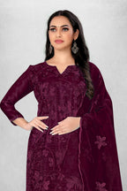 Wine Heavy Organza Silk Embroidered Unstitched Dress Material - Amara | Grocsy