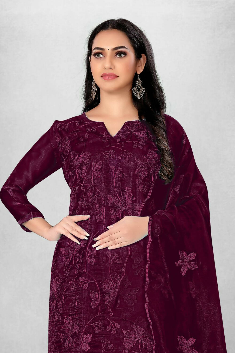 Wine Heavy Organza Silk Embroidered Unstitched Dress Material - Amara | Grocsy