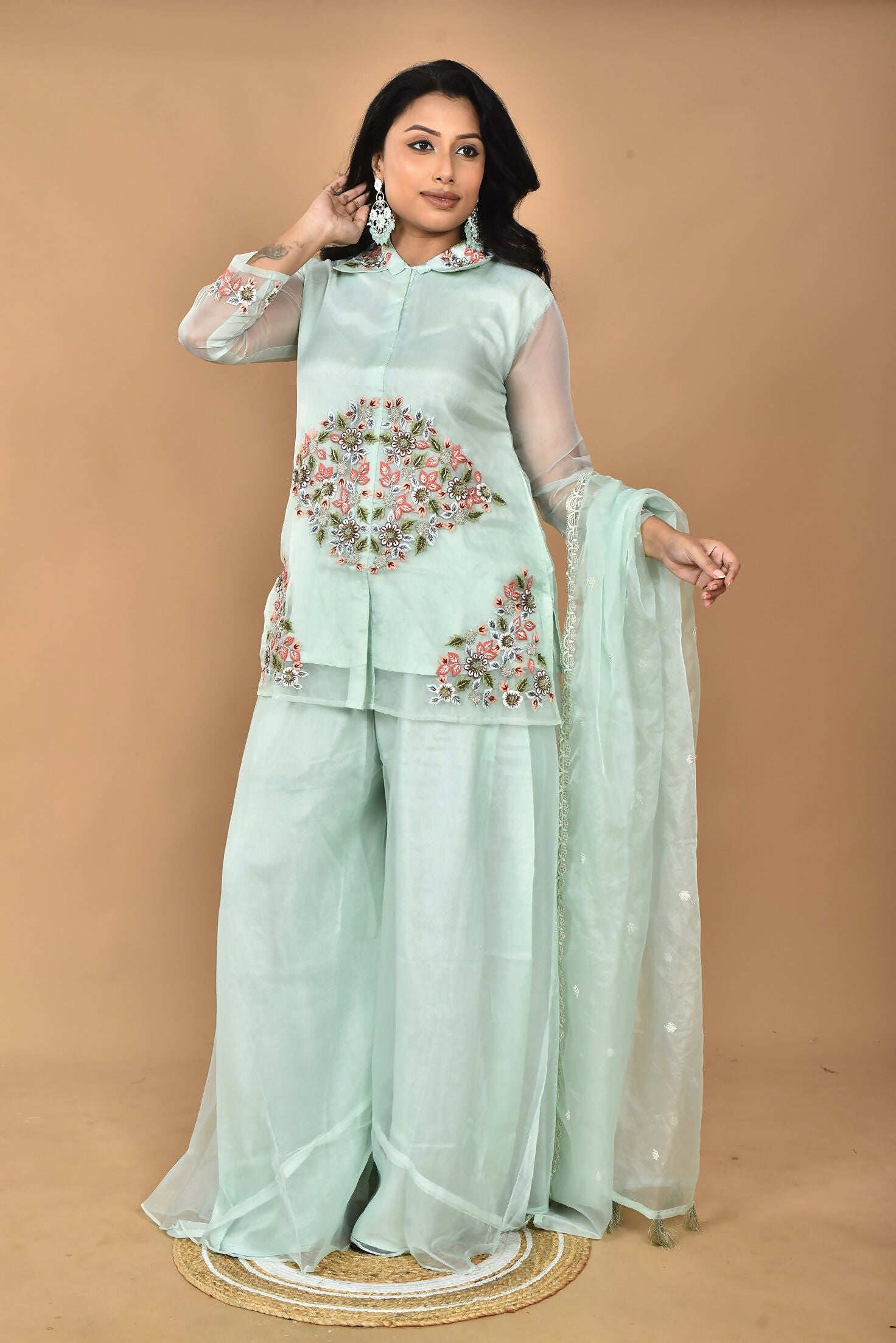 Morchari Women And Hand Embroidery Palazzo Set-Sea Green | Grocsy