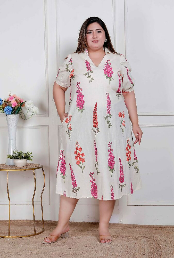 Miravan Plus Size Womens Off White Flower Printed Cotton Flex Maxi Dress | Grocsy