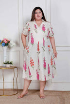 Miravan Plus Size Womens Off White Flower Printed Cotton Flex Maxi Dress | Grocsy