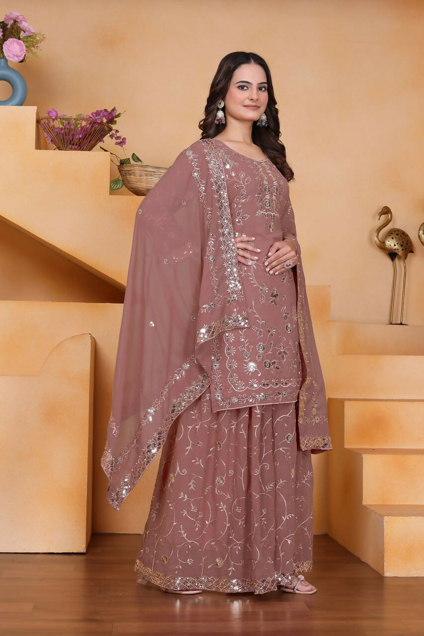Teeya Creation Onion Color Faux Georgette Embroidery Work Wedding Wear Palazzo Set | Grocsy