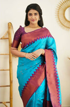 DEIANA'S Beautiful Designer Golden zari Soft Lichi Silk Saree - Firozi | Grocsy