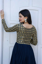 Jyoti Fashion Women's Navy Blue Sequence Zari Embroidered Faux Blooming Anarkali Dress | Grocsy