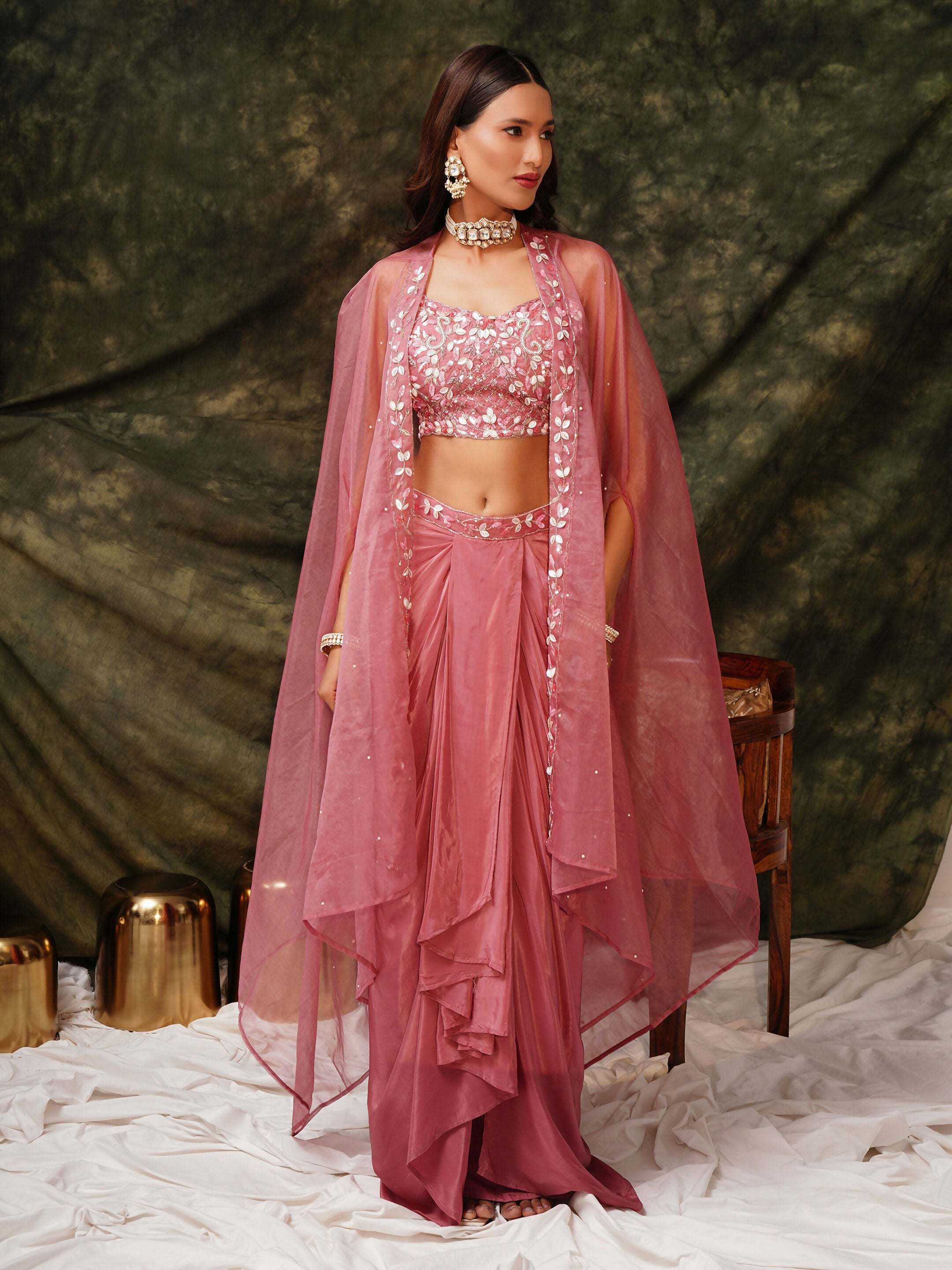 Pink Pure Crepe Handwork Top with Skirt & Shrug - Naomika | Grocsy